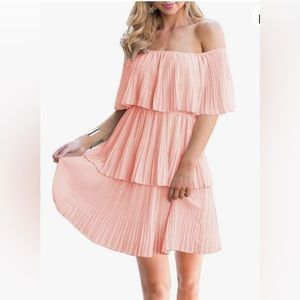 Off The Shoulder Sleeveless Tiered Ruffle Pleated Short Party Dress.
